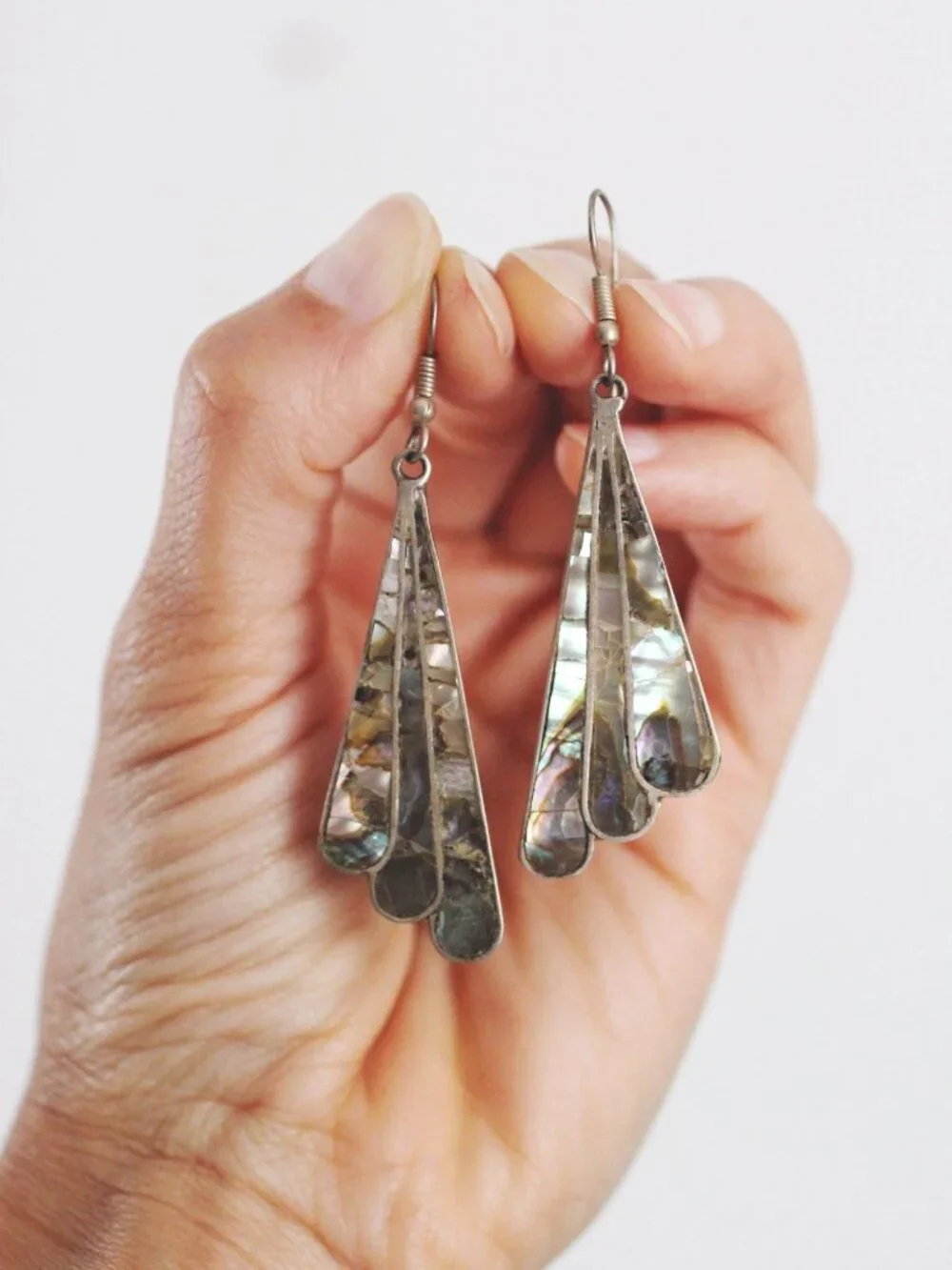 Vintage Alpaca Silver Abalone Shell Dangle Earrings Mexico Art Deco Fairy Wing F